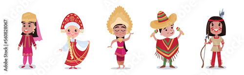 Kids Wearing National Costumes of Different Countries Vector Illustration Set