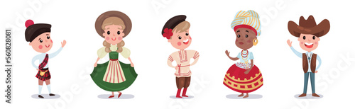 Kids Wearing National Costumes of Different Countries Vector Illustration Set