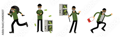 Male Thief or Robber in Mask Committing Crime Stealing Money Vector Set
