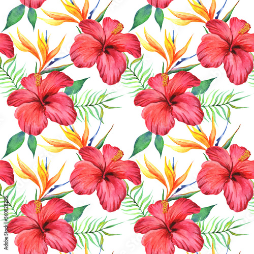  Watercolor hibiscus flowers and tropical flowers in a seamless pattern. Can be used as fabric, wallpaper, wrap.