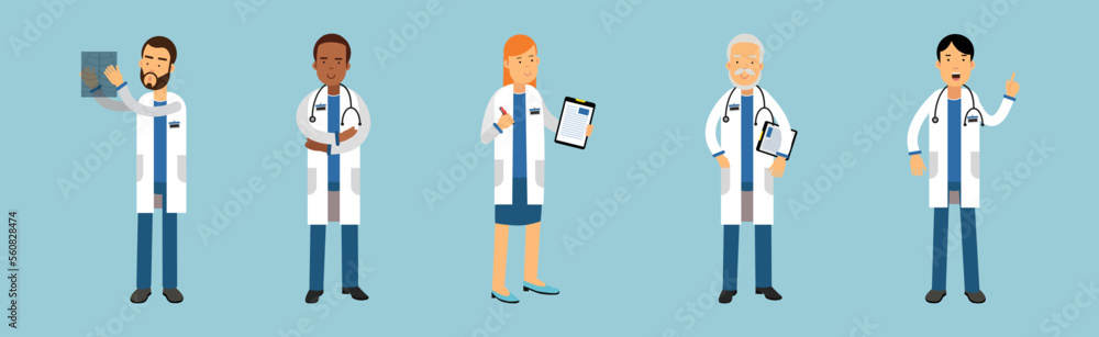Man and Woman Doctor Characters Working at Hospital Vector Set