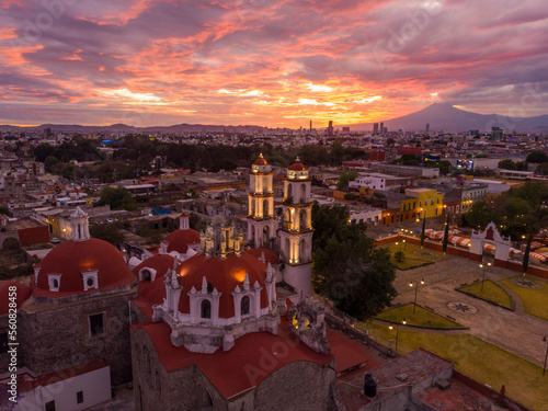 Puebla at Dramatic evening Sunset aerial drone shot of City Center in Puebla de Zaragoza, Puebla State, Mexico