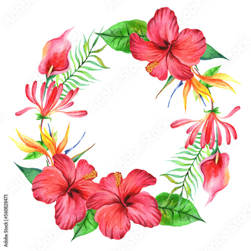 
Watercolor greeting frame with hibiscus flower tropical flowers and leaves.