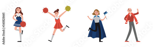 Man and Woman Sport Fan Character Supporting Team Cheering at Stadium Vector Set