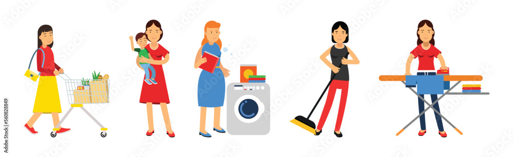 Woman Housewife Doing Housework and Housekeeping Vector Set Woman Housewife Doing Housework and Housekeeping Vector Set