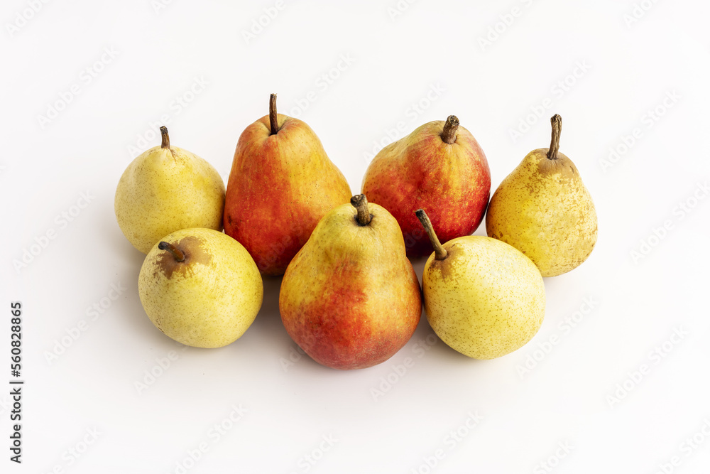 A few ripe seasonal pears of various species on a white background A few ripe seasonal pears of various species on a white background
