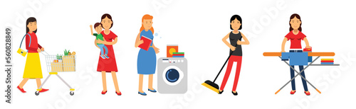 Woman Housewife Doing Housework and Housekeeping Vector Set
