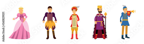 Medieval Man and Woman Character with Herald, King and Lady-in-waiting Vector Set