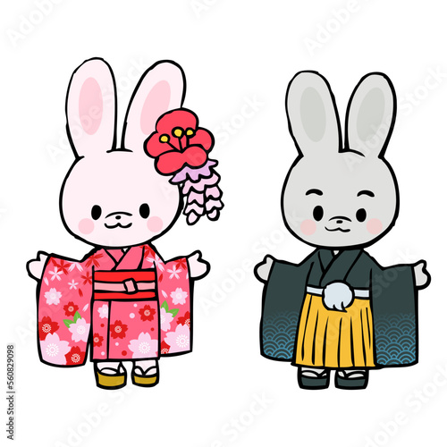 着物をきた2匹のうさぎ手描きイラスト