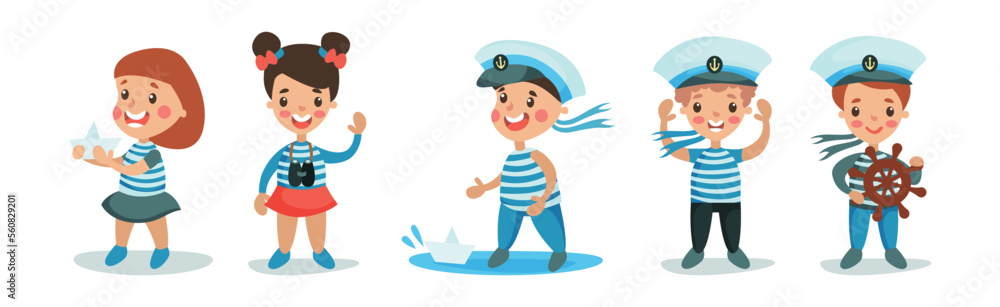 Cute Little Boy and Girl Character Playing Sailors Wearing Blue Striped Shirt Vector Set