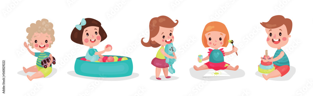 Kid Toddlers Playing with Toys in Nursery Room Vector Set Kid Toddlers Playing with Toys in Nursery Room Vector Set