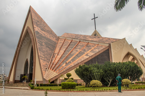 Exterior with arches, crosses, decorative walls of Catholics church in Abuja, church is known as The National Christian Centre (previously known as the National Ecumenical Centre)