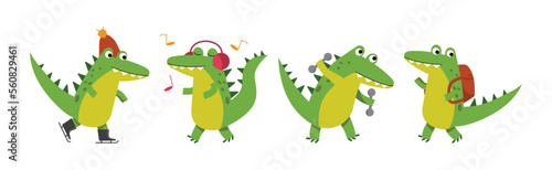 Crocodile Cute Green Character In Different Pose and Activity Vector Set