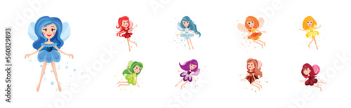Cute Girl Fairy or Pixie in Pretty Dress Flying with Wings Vector Set