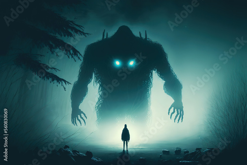 scary monster in fog night forest. Fear and horror. Mistic and ufo concept, art illustration