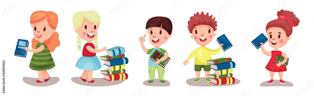 Kids Reading Books and Enjoying Literature Vector Set Kids Reading Books and Enjoying Literature Vector Set