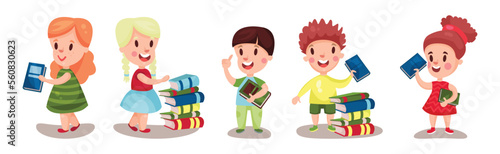 Kids Reading Books and Enjoying Literature Vector Set