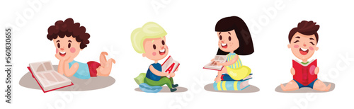 Kids Reading Books and Enjoying Literature Vector Set