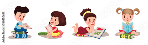 Kids Reading Books and Enjoying Literature Vector Set