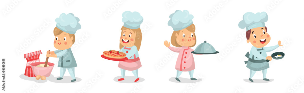 Children Chef Characters in Toque and Uniform Cooking Meal Vector Set Children Chef Characters in Toque and Uniform Cooking Meal Vector Set