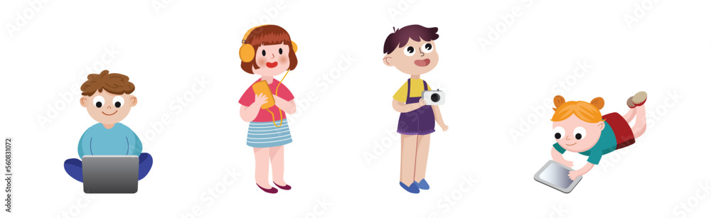 Little Kids Using Mobile Gadget Browsing in the Internet Vector Set Little Kids Using Mobile Gadget Browsing in the Internet Vector Set