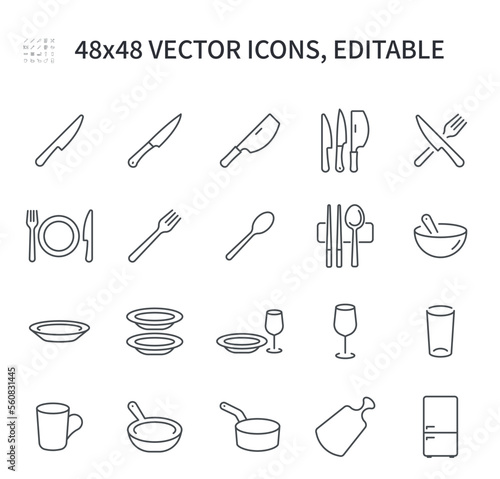 Simple vector line icons. On the theme of dishes, contains such icons as cutlery, knife, plate, fork, spoon, refrigerator, frying pan, dishes and others.