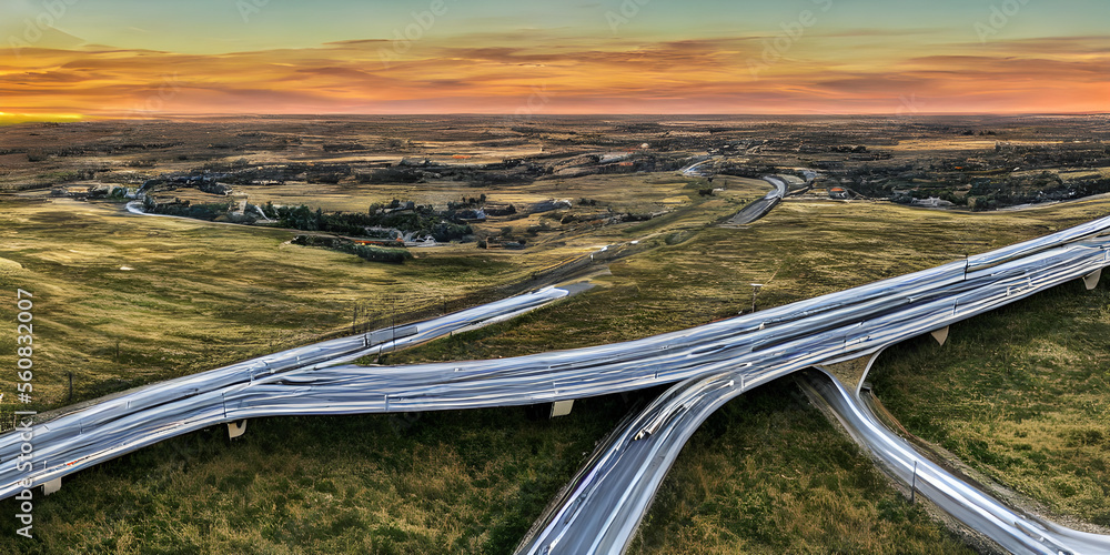 Top view of road cross network, road in the middle of nowhere, driving on the highway at sunset