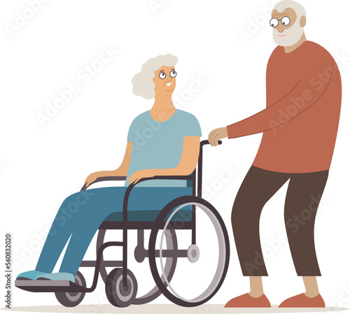Elderly couple together. Grandfather pushing grandmothers wheelchair