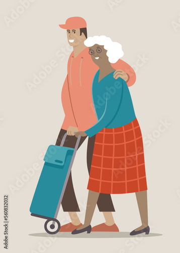 Young man social worker helps senior woman with grocery shopping.