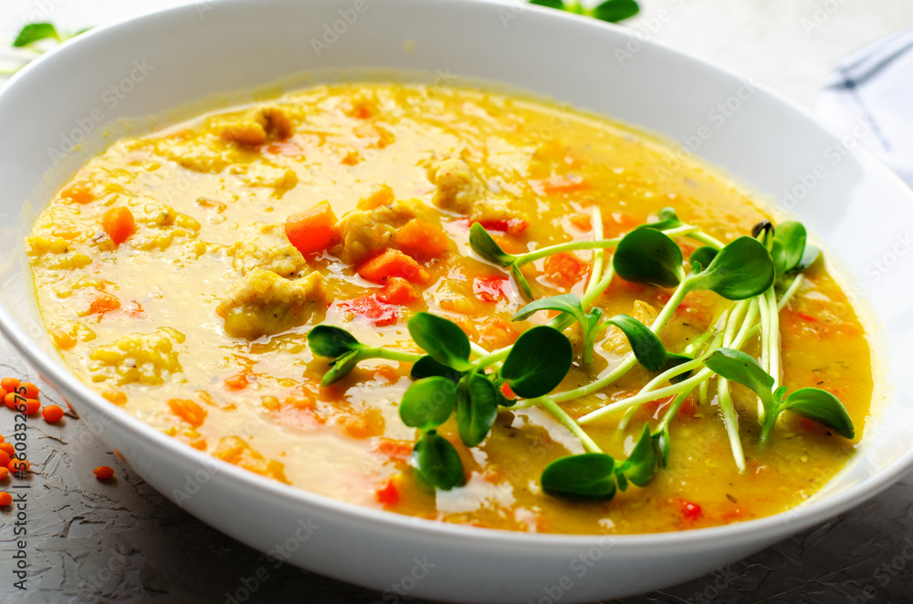 Lentil Soup, Homemade Vegetable Soup with Chicken and Herbs on Bright Background, Healthy Eating Lentil Soup, Homemade Vegetable Soup with Chicken and Herbs on Bright Background, Healthy Eating