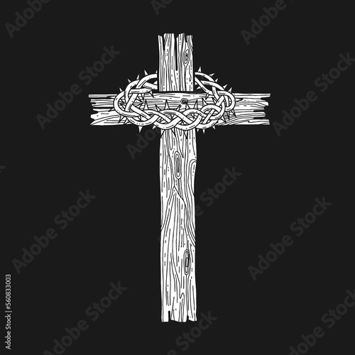 Hand-drawn vector illustration for Easter. A wooden cross with a crown of thorns. A symbol of the crucifixion and resurrection of the Lord Jesus Christ.