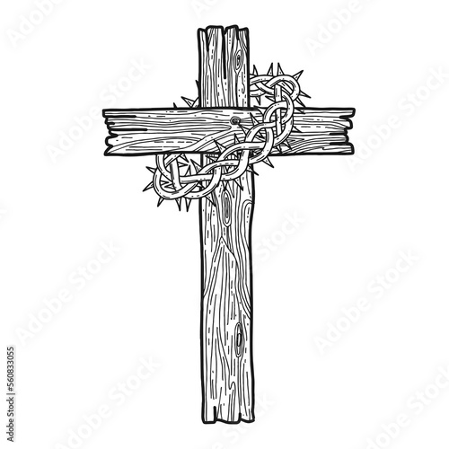 Hand-drawn vector illustration for Easter. A wooden cross with a crown of thorns. A symbol of the crucifixion and resurrection of the Lord Jesus Christ.