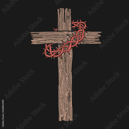 Hand-drawn vector illustration for Easter. A wooden cross with a crown of thorns. A symbol of the crucifixion and resurrection of the Lord Jesus Christ.