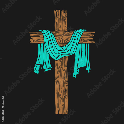 Hand-drawn vector illustration for Easter. Wooden cross. A symbol of the crucifixion and resurrection of the Lord Jesus Christ.