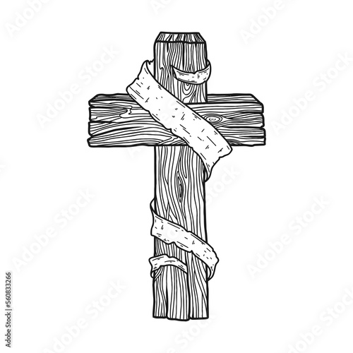 Hand-drawn vector illustration for Easter. Wooden cross. A symbol of the crucifixion and resurrection of the Lord Jesus Christ.