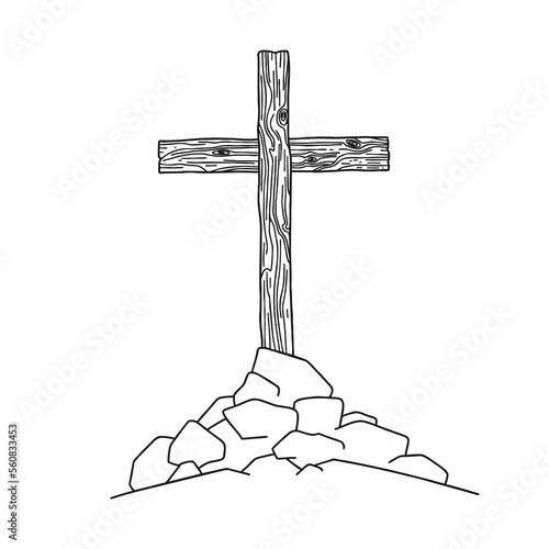 Hand-drawn Christian vector illustration. Wooden cross on a hill. A symbol of the crucifixion of the Lord Jesus Christ.