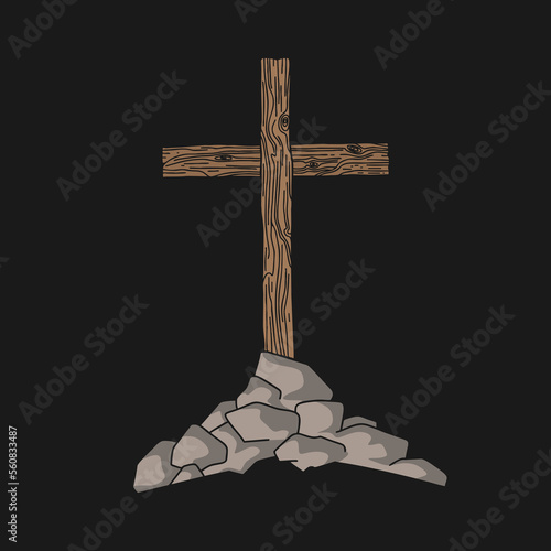 Hand-drawn Christian vector illustration. Wooden cross on a hill. A symbol of the crucifixion of the Lord Jesus Christ.