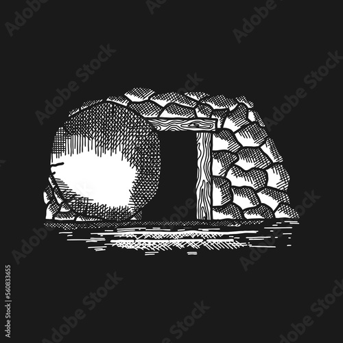 Hand-drawn vector illustration for Easter. Empty tomb after the resurrection of Jesus Christ.