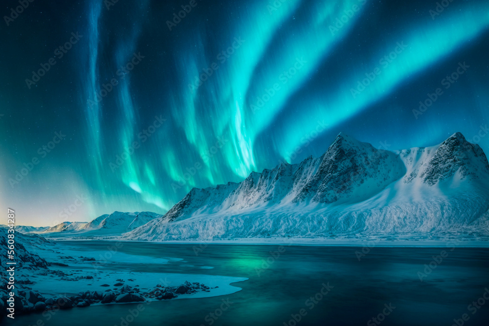 Naklejka premium Northern lights over the snowy mountains, sea coast, reflection in water at night. Generative AI. Aurora borealis and snow covered rocks. Winter landscape with polar lights and fjord. Starry sky