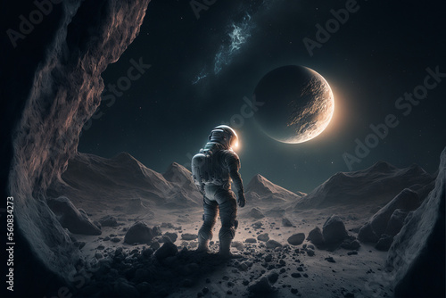 Astronaut on the planet in outer space. Generative AI. Landscape with man in space suit, stones, mountains, sky with bright stars and Milky Way. Dark space. Cosmic