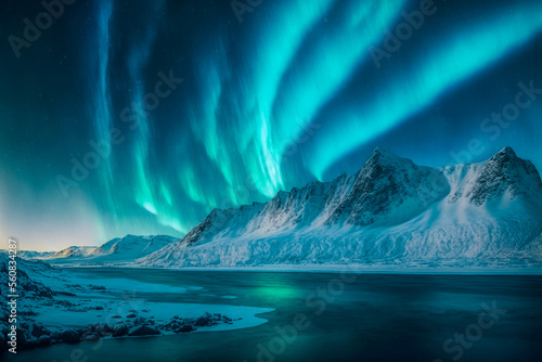 Northern lights over the snowy mountains, sea coast, reflection in water at night. Generative AI. Aurora borealis and snow covered rocks. Winter landscape with polar lights and fjord. Starry sky © Images from Dreams