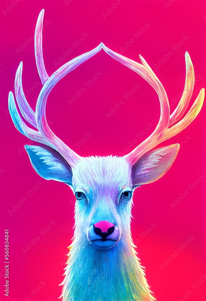 Funny adorable portrait headshot of cute elk. North American land animal standing facing front. Looking to camera. Watercolor imitation illustration. AI generated vertical artistic poster.
