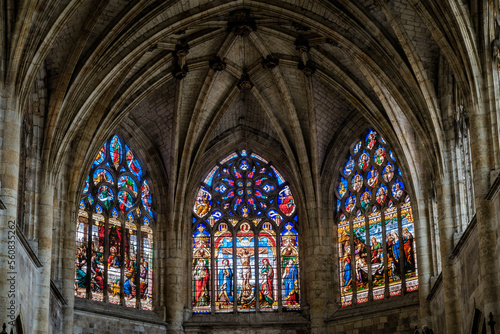 Ceiling and stained glass windows of the choir of the gothic cathedral in Condom, in the south of France (Gers)