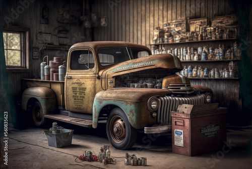 Rustic Truck in Old Garage - Loose Tools on Floor and Oil Cans - Wall Decoration Image - Poster, Generative AI
