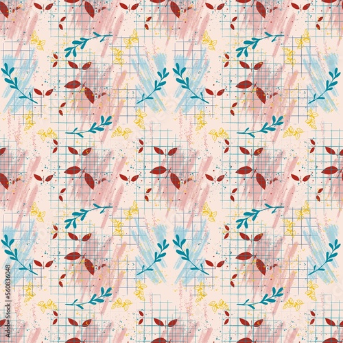 Seamless pattern. Drawn in digital. Splashes, leaves and abstraction.