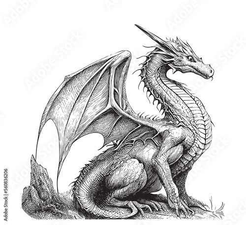 Fantasy dragon hand drawn sketch Side view Vector illustration