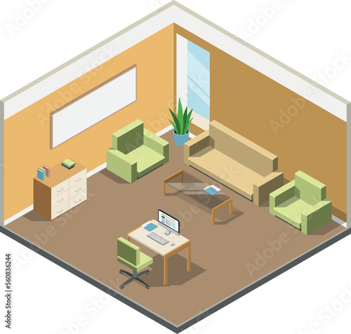 Business interior. Isometric office room. Corporate workplace