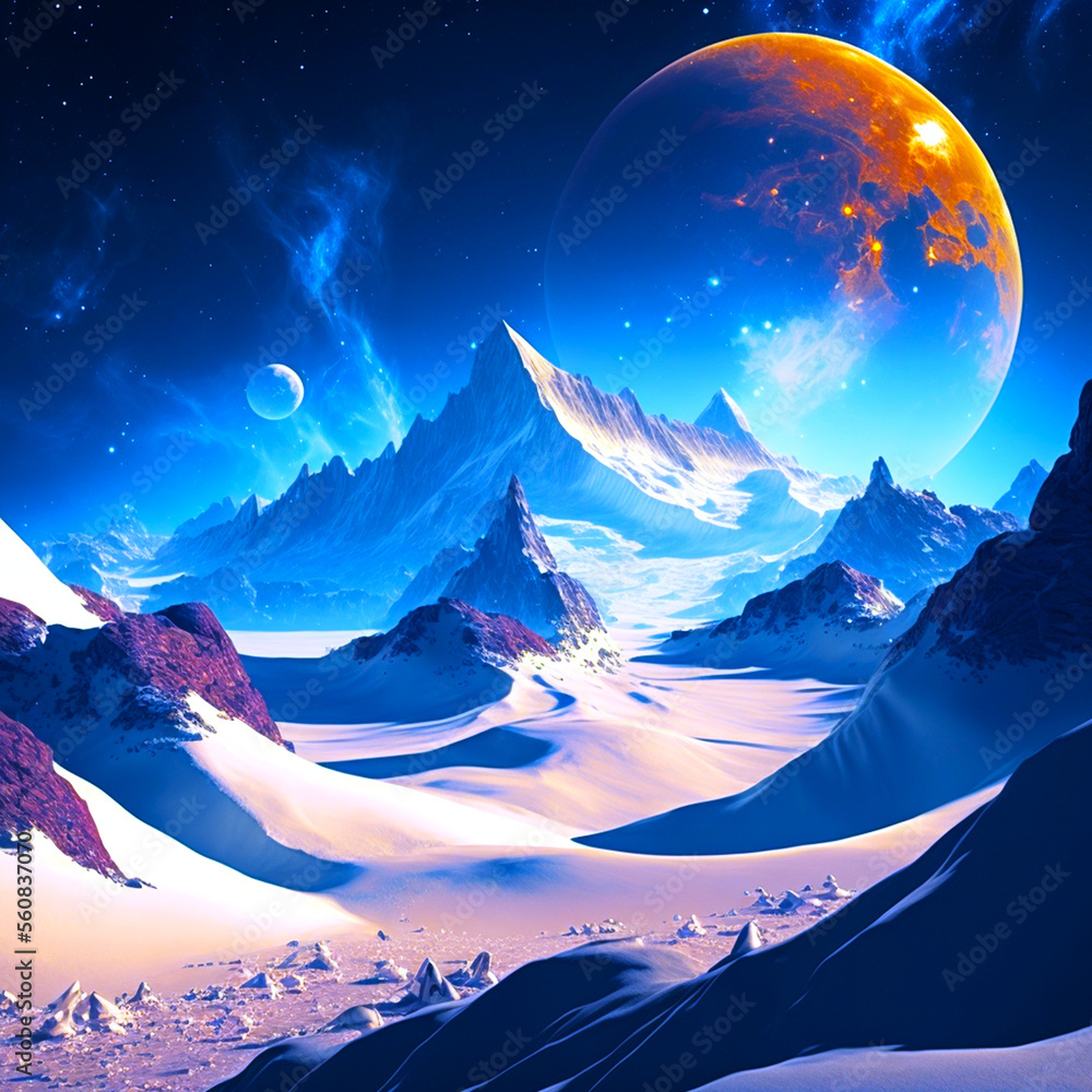 planet moon over the mountains with snow