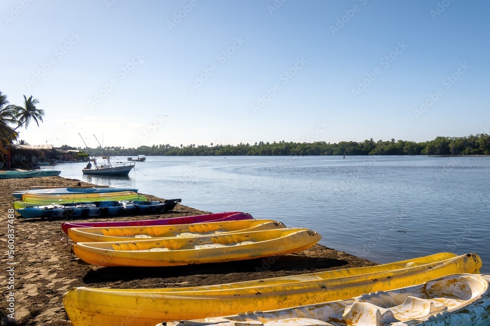 Row of colorful Kayaks on the beach
