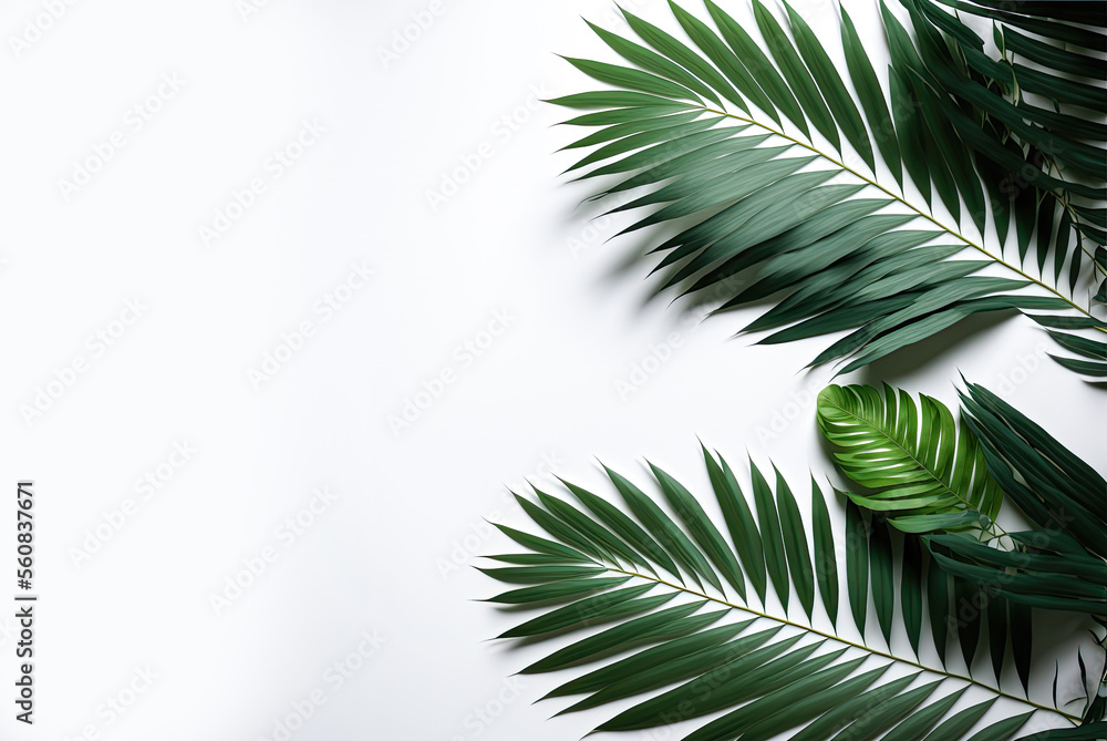 Obraz premium Palm fronds flat lay design, copyspace. Generative AI